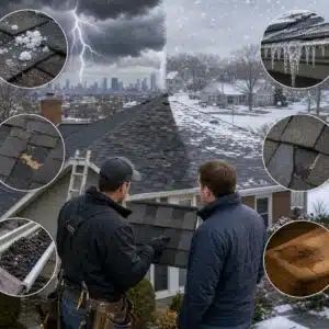 two people inspecting a roof sample amid various weather and damage conditions